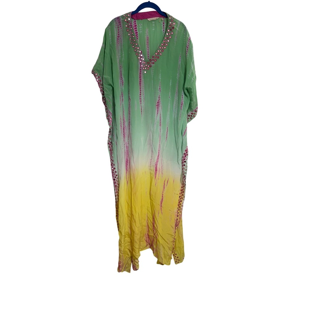 Soft Surroundings Kaftan Maxi Dress Boho Ombre Green Yellow Mirror Work TL/XL